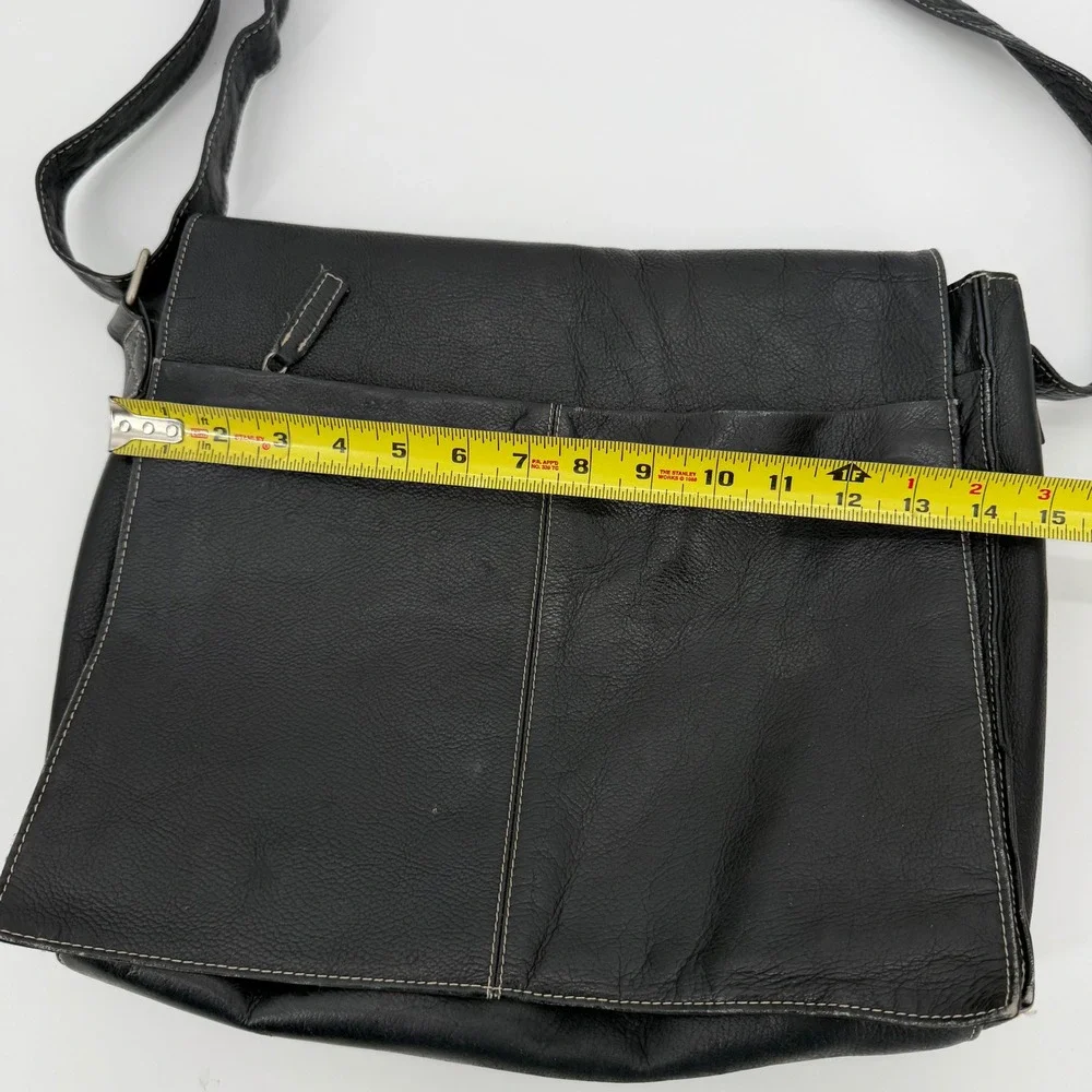 Black Genuine Leather Messenger Bag Crossbody White Stitching Organizer Pocket